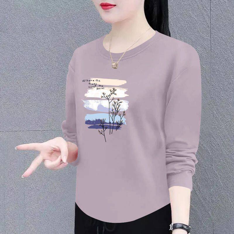 春秋100%纯棉长袖圆领印花T恤女
