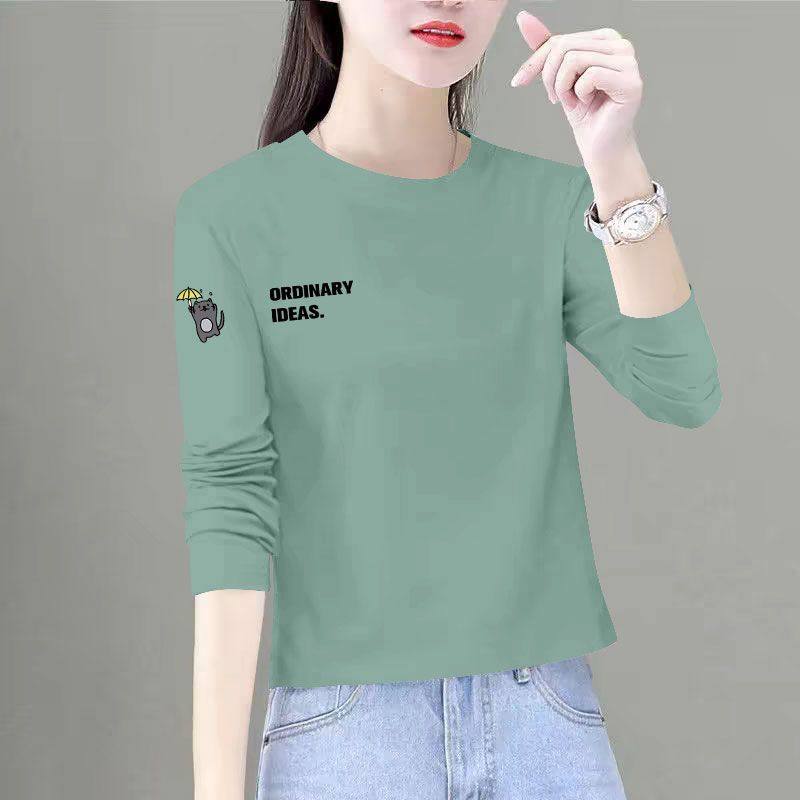 春秋纯棉女士长袖印花圆领T恤时尚新款韩版百搭宽松小个子上衣服