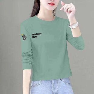春秋纯棉女士长袖印花圆领T恤时尚新款韩版百搭宽松小个子上衣服