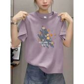 100%纯棉新款 洋气通勤百搭设计感印花上衣 韩版 圆领T恤女夏季 新款
