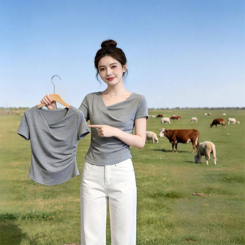 时尚短袖荡领T恤女气质洋气