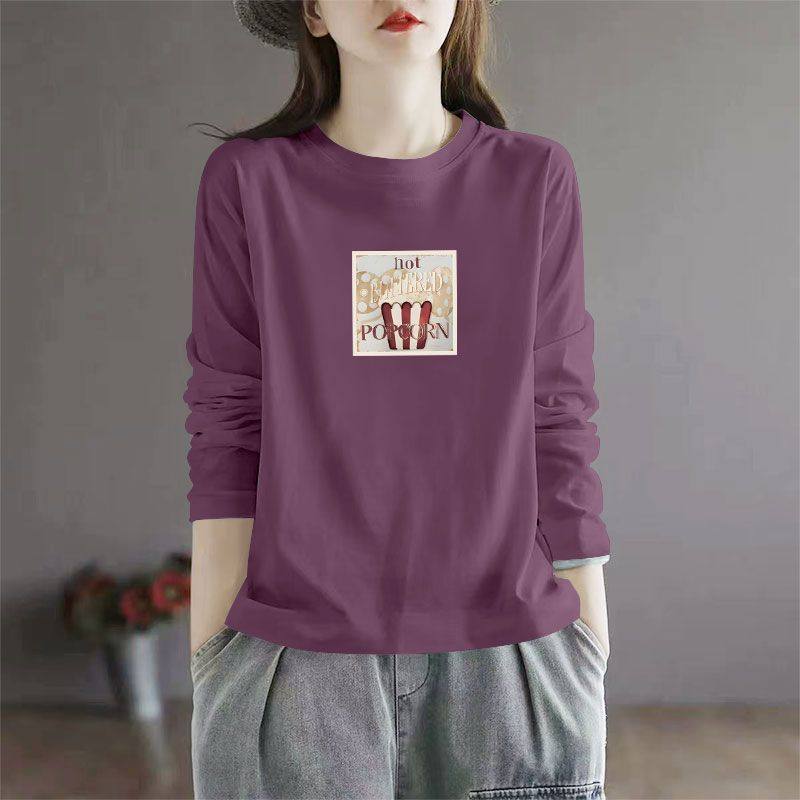 春秋新款纯棉圆领长袖T恤打底衫女时尚洋气韩版百搭宽松休闲上衣