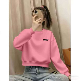秋冬纯棉粉色短款高腰卫衣女韩版洋气宽松显瘦小个子休闲印花上衣