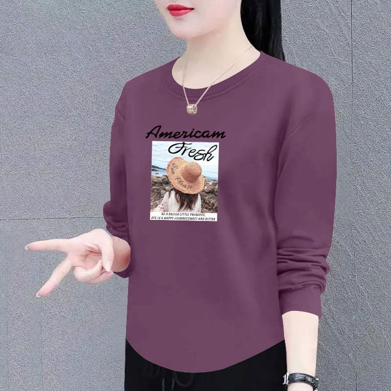 秋冬女士纯棉长袖弧形T恤