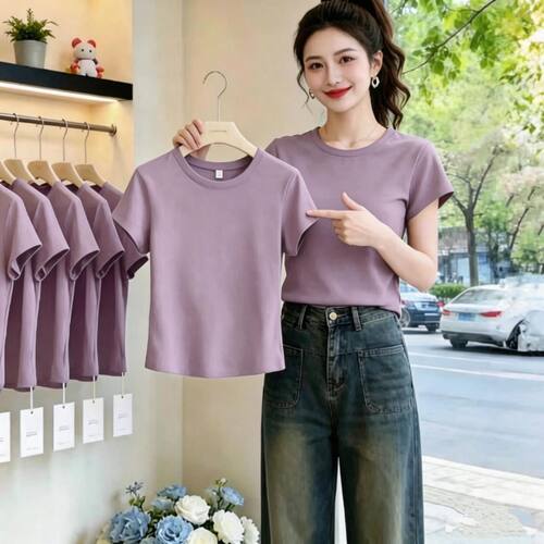 时尚短款高腰短袖T恤女新款