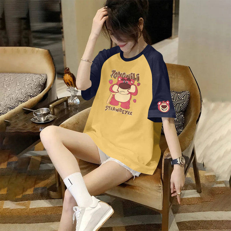 纯棉爆款撞色插肩袖短袖T恤女