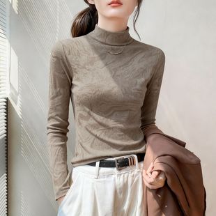 秋冬半高领德绒磨毛印花打底衫女气质时尚洋气百搭修身显瘦上衣服