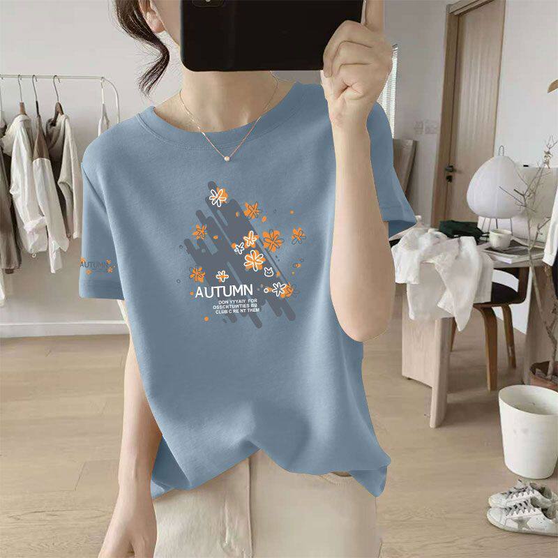 夏季纯棉女装短袖薄款T恤韩版通勤宽松遮肚显瘦印花设计感上衣服