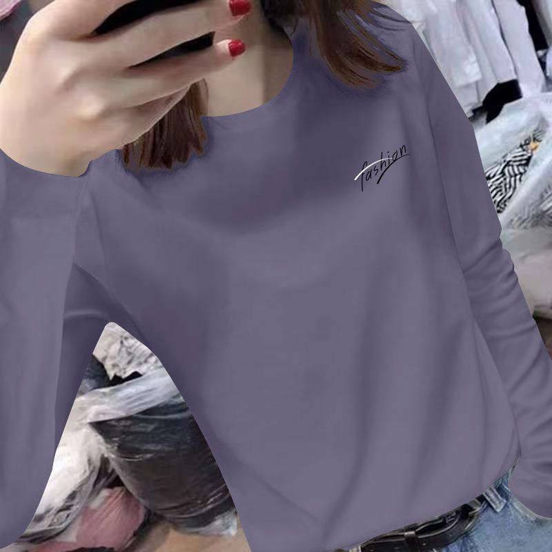 秋冬纯棉长袖圆领T恤女时尚洋气宽松显瘦百搭印花休闲内搭上衣服