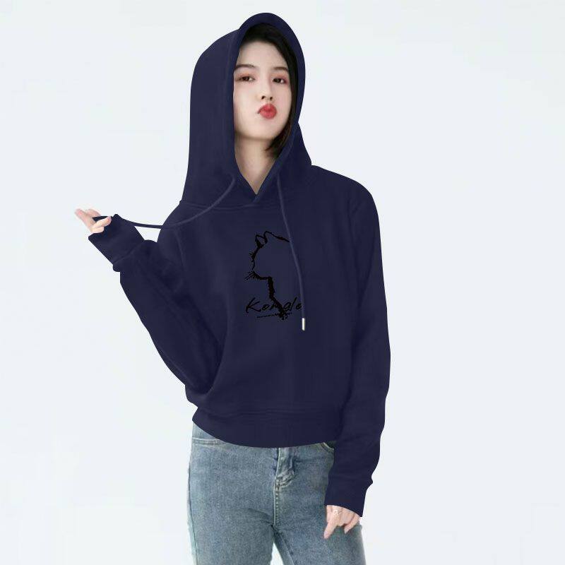 秋冬纯棉藏青色加绒加厚短款高腰卫衣女时尚新款洋气百搭连帽外套