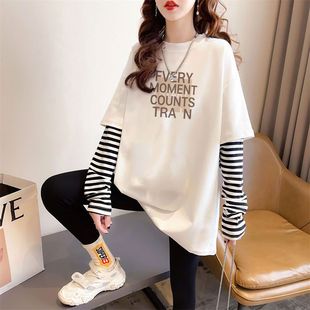 加绒 时尚 纯棉中长款 女秋冬新款 潮流百搭上衣服 假两件打底衫 薄款