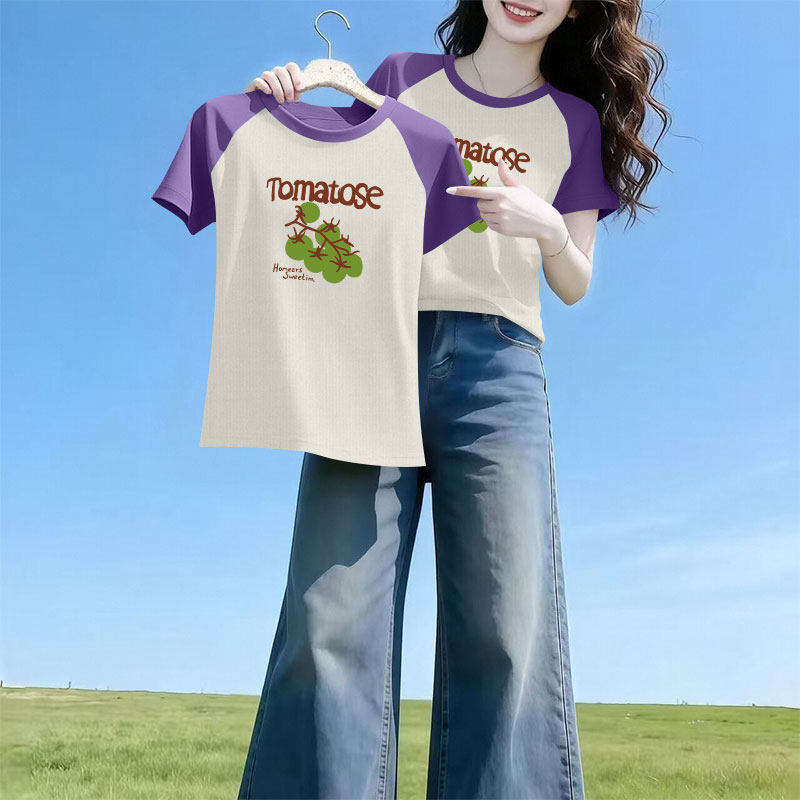 100%纯棉插肩短袖印花T恤女
