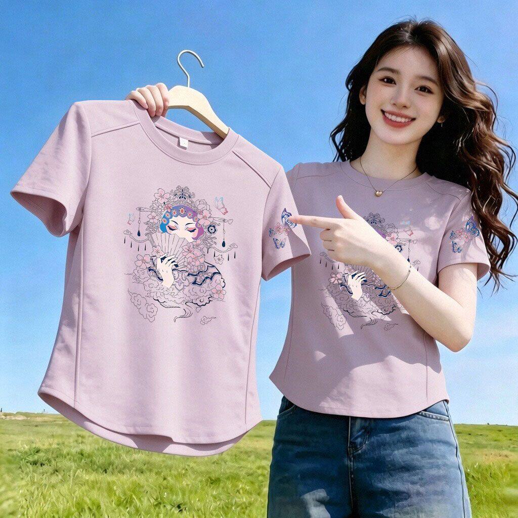 100%纯棉弧形鱼骨短袖T恤女