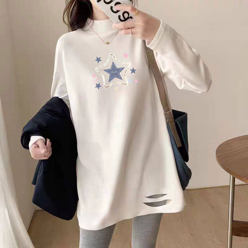秋冬纯棉半高领白色打底衫女时尚韩版洋气百搭中长款印花破洞上衣
