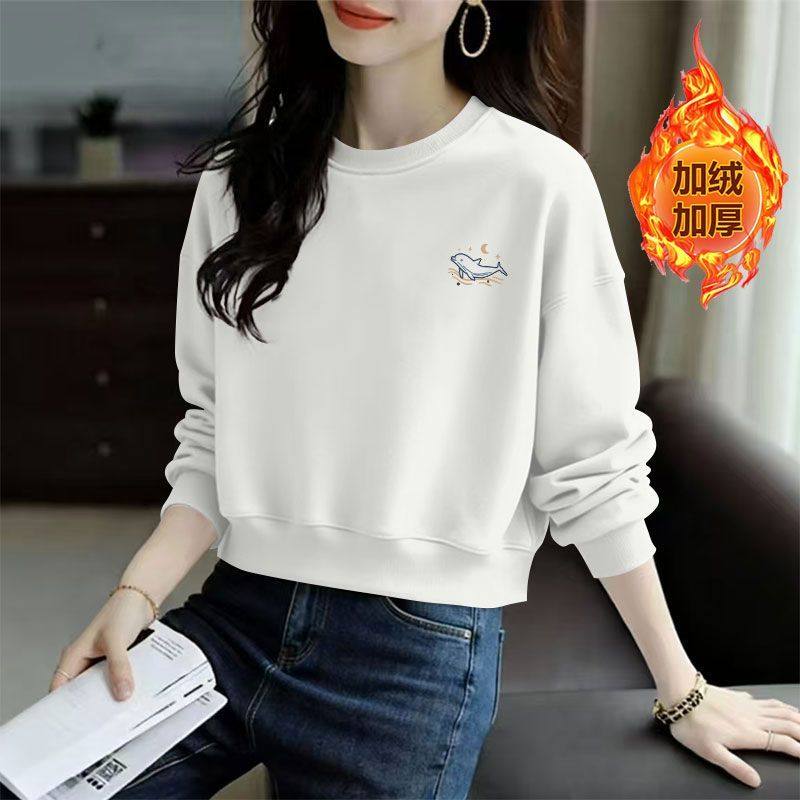 短款高腰保暖卫衣女秋冬加绒加厚时尚洋气潮流百搭小个子印花上衣