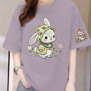 兔子印花纯棉中长款短袖圆领T恤女夏季新款时尚洋气潮流显瘦上衣