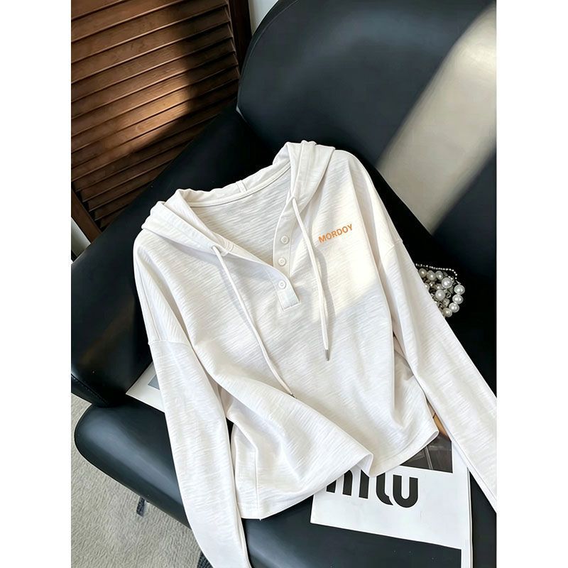 竹节棉长袖连帽纽扣打底衫T恤女