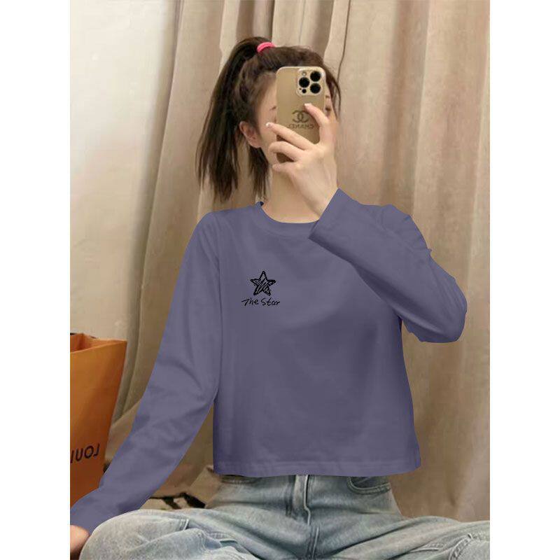 春秋纯棉长袖短款高腰T恤女时尚韩版宽松遮肉显瘦百搭印花ins上衣