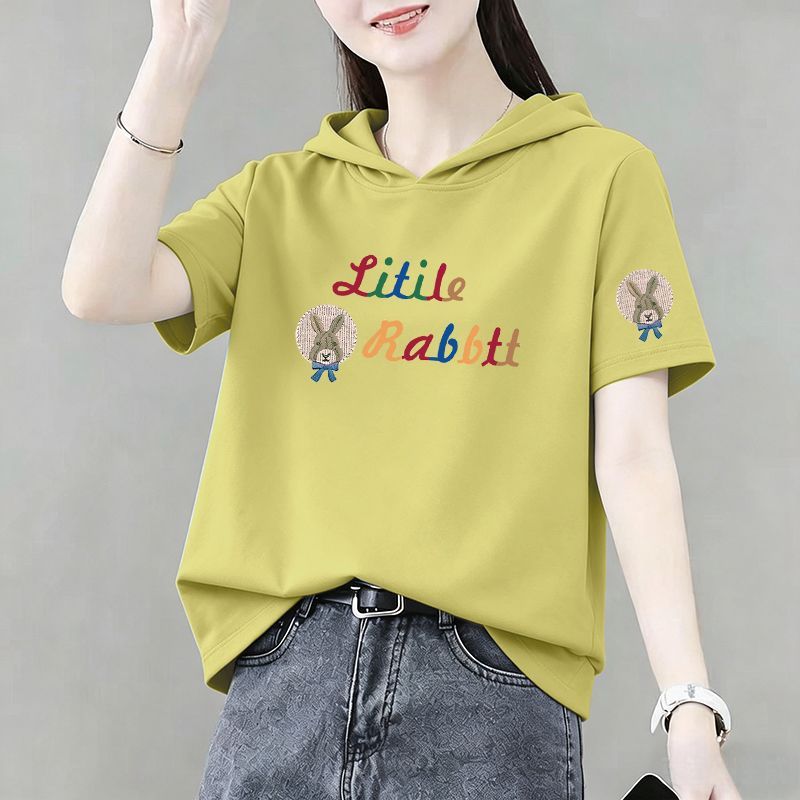 女士纯棉短袖连帽T恤时尚