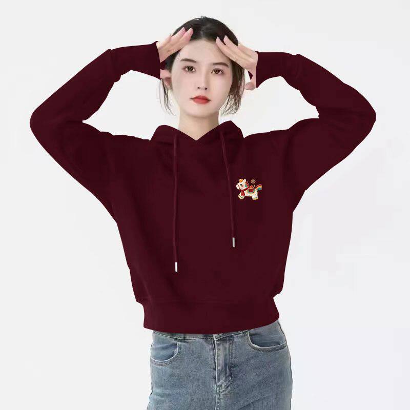 新年加绒加厚纯棉短款连帽红色卫衣女秋冬新款时尚潮流百搭上衣服