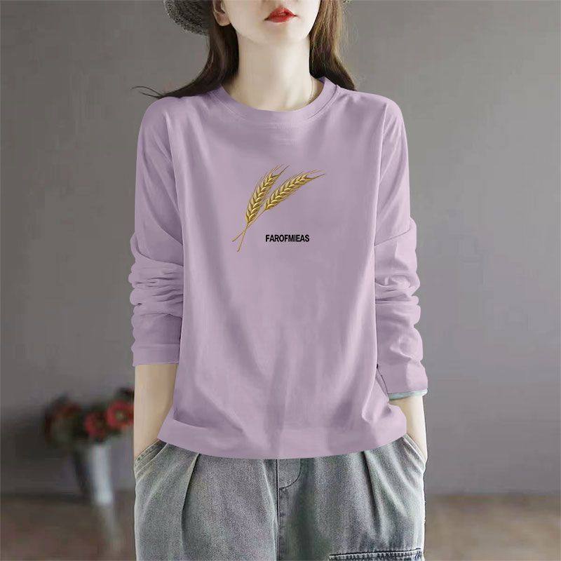 春秋款女士纯棉长袖圆领T恤时尚洋气通勤百搭韩版宽松显瘦上衣服