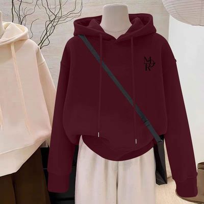 纯棉加绒加厚连帽短款印花卫衣