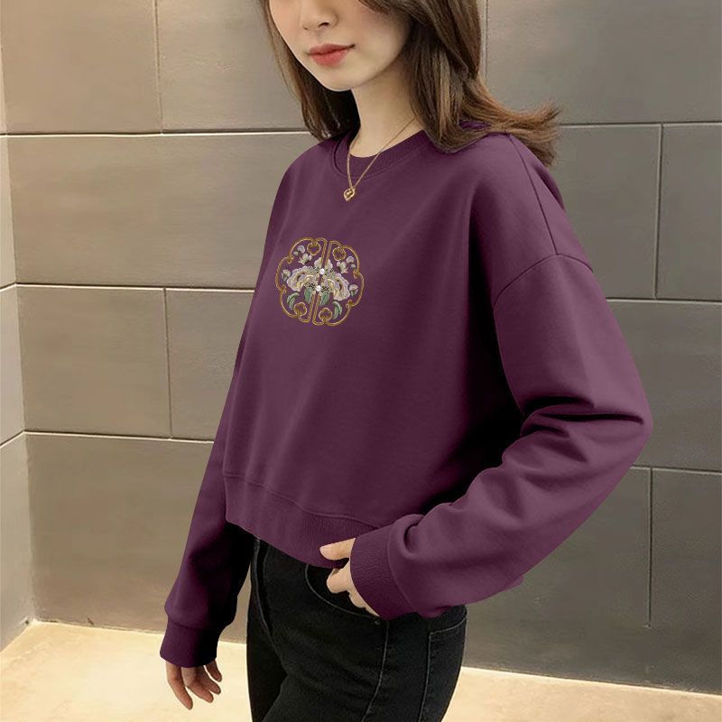 葡萄紫加绒加厚纯棉短款卫衣女秋冬新款韩版洋气宽松小个子上衣潮