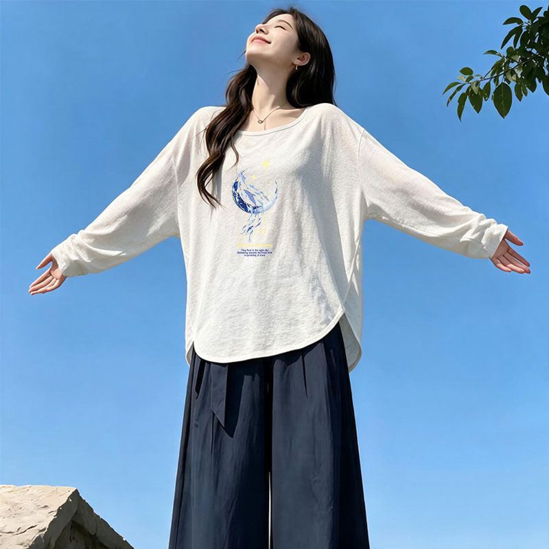 竹节棉白色长袖罩衫印花T恤女