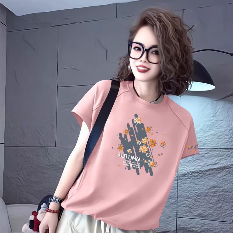 夏季新款纯棉鱼骨短袖印花T恤女韩版洋气减龄宽松遮肉显瘦ins上衣