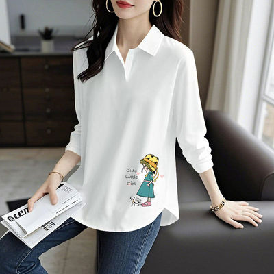 春秋女士纯棉长袖翻领T恤