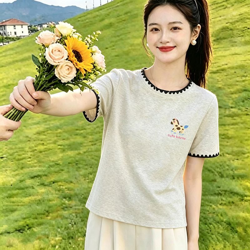 贝壳花边纯棉撞色短袖t恤女