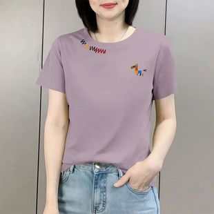 夏季100%纯棉女士短袖休闲T恤韩版洋气减龄百搭宽松显瘦薄款上衣