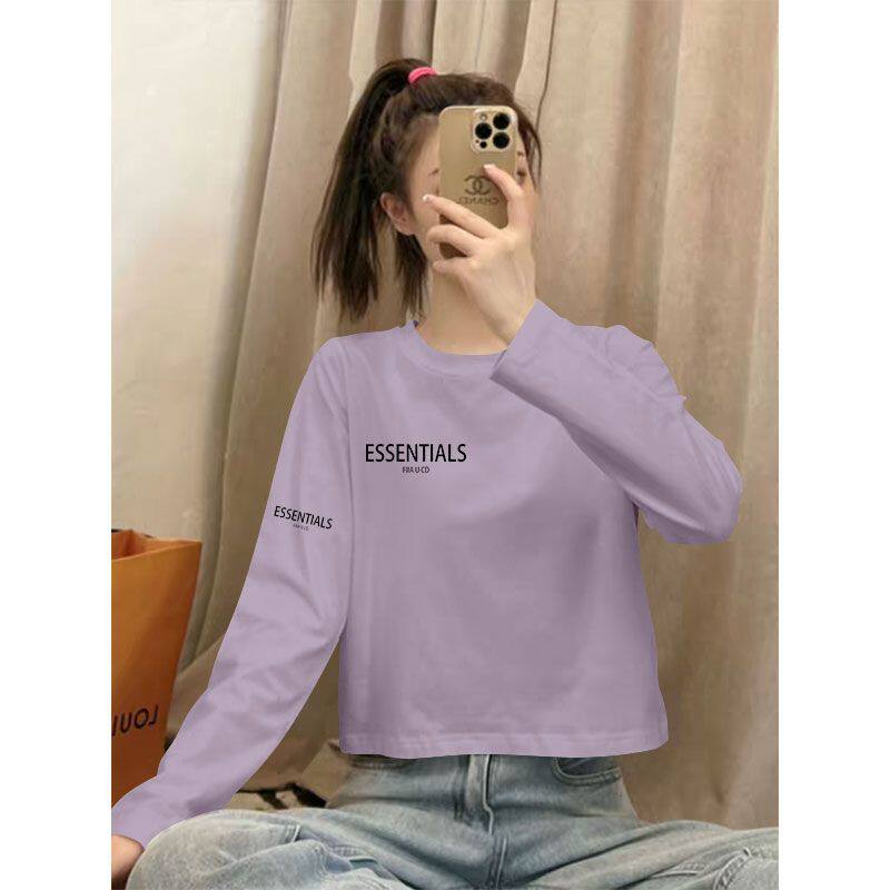 春秋100%纯棉长袖印花短款高腰T恤女时尚新款潮流百搭小个子衣服