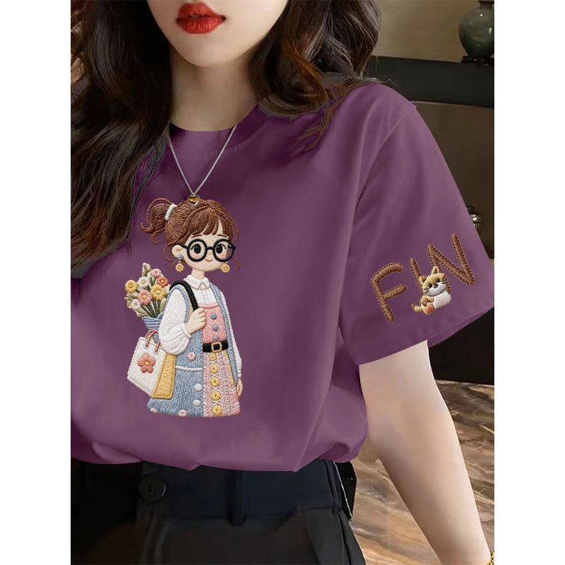 兰花紫短袖印花纯棉T恤女夏季新款时尚韩版百搭显瘦基础款ins上衣