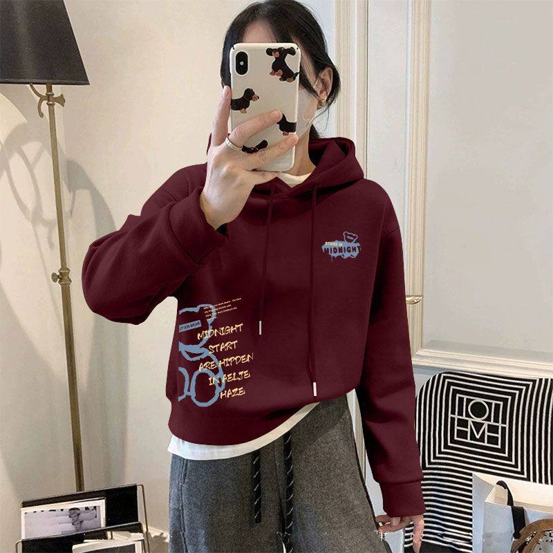 秋冬新款纯棉加绒加厚连帽短款卫衣女时尚潮流百搭设计感显瘦上衣