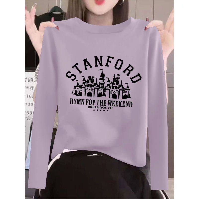 春秋纯棉长袖休闲圆领T恤女时尚新款韩版洋气百搭宽松显瘦ins上衣