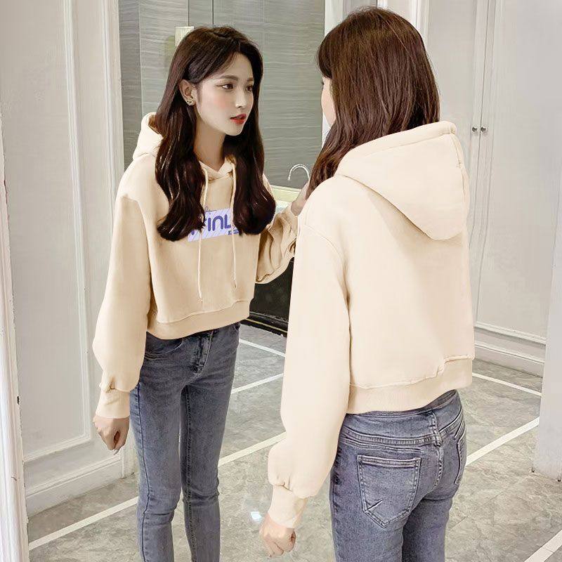 秋冬新款加绒加厚纯棉连帽短款卫衣女时尚洋气韩版小个子保暖上衣