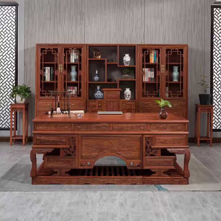 实木办公桌中式书房家具仿古电脑书桌椅组合书法写字台榆木老板桌