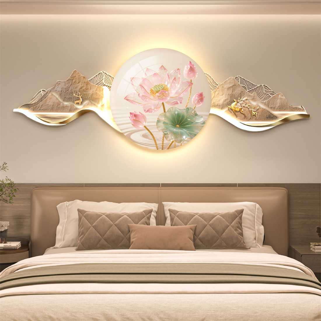 现代轻奢灯画背有靠山卧室装饰画新中式大气山水高级感挂画