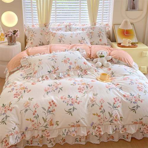 高支密全棉四件套100纯棉韩版田园公主风全棉被套床裙床笠四件套