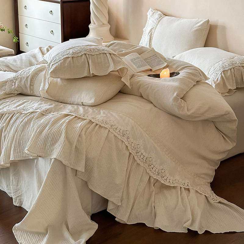 法式少女亚麻棉麻四件套纯棉刺绣本色人字纹透气四季被套床上用品