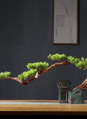 新中式玄关摆件原木树根客厅仿真迎客松盆景假艺商场酒店装饰造景