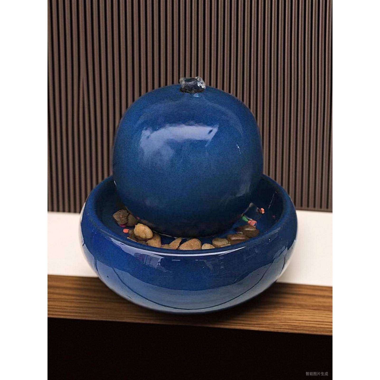 欧式陶瓷喷泉流水加湿器蓝色摆件家居客厅桌面创意水景工艺品摆设