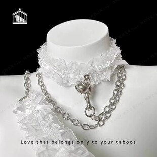 白色蕾丝项圈女小狗牵引绳choker铃铛链子女生脖圈链条