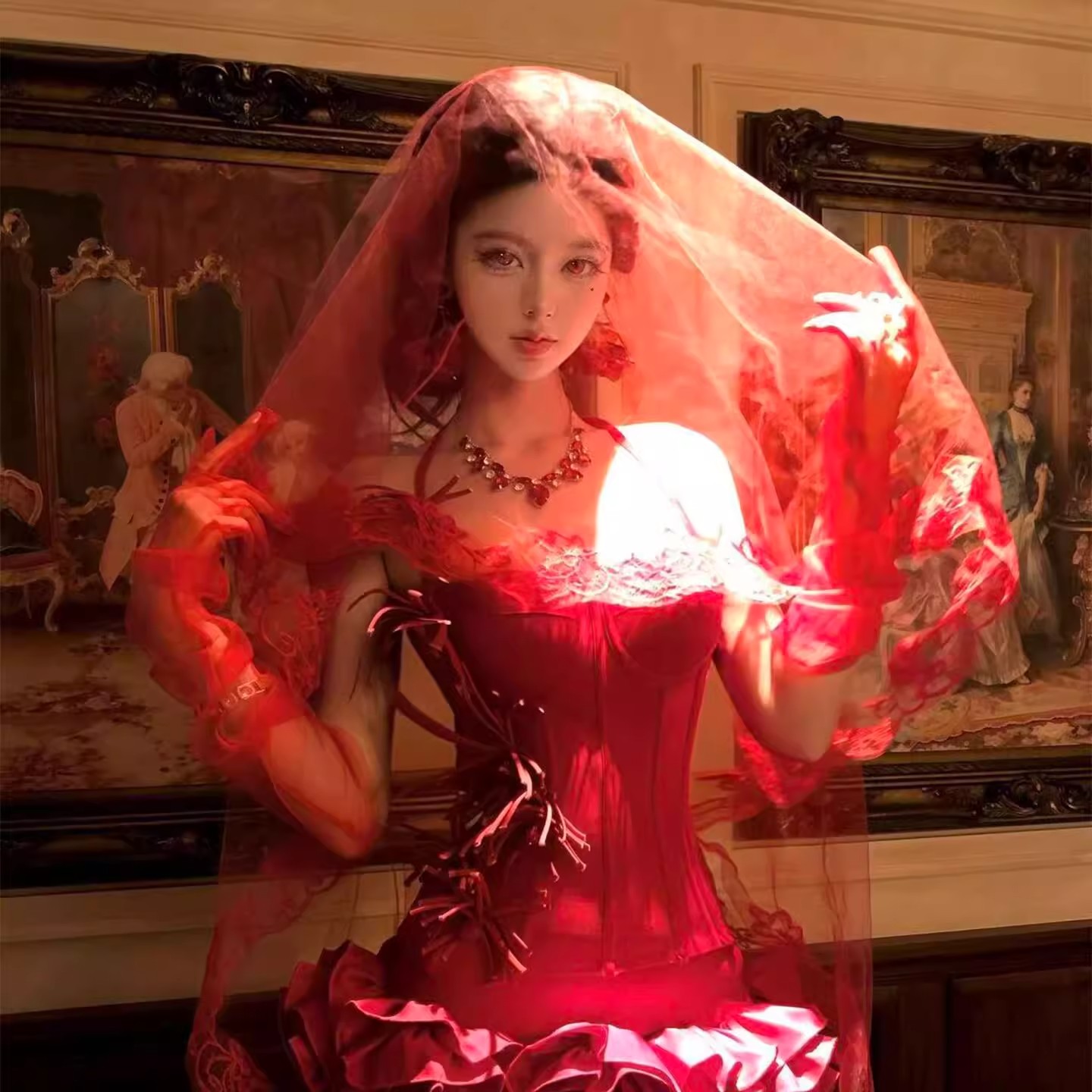 血色新娘~红色蕾丝头纱手套