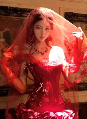 血色新娘~红色蕾丝头纱手套女哥特万圣节cos遮脸盖头复古结婚头饰