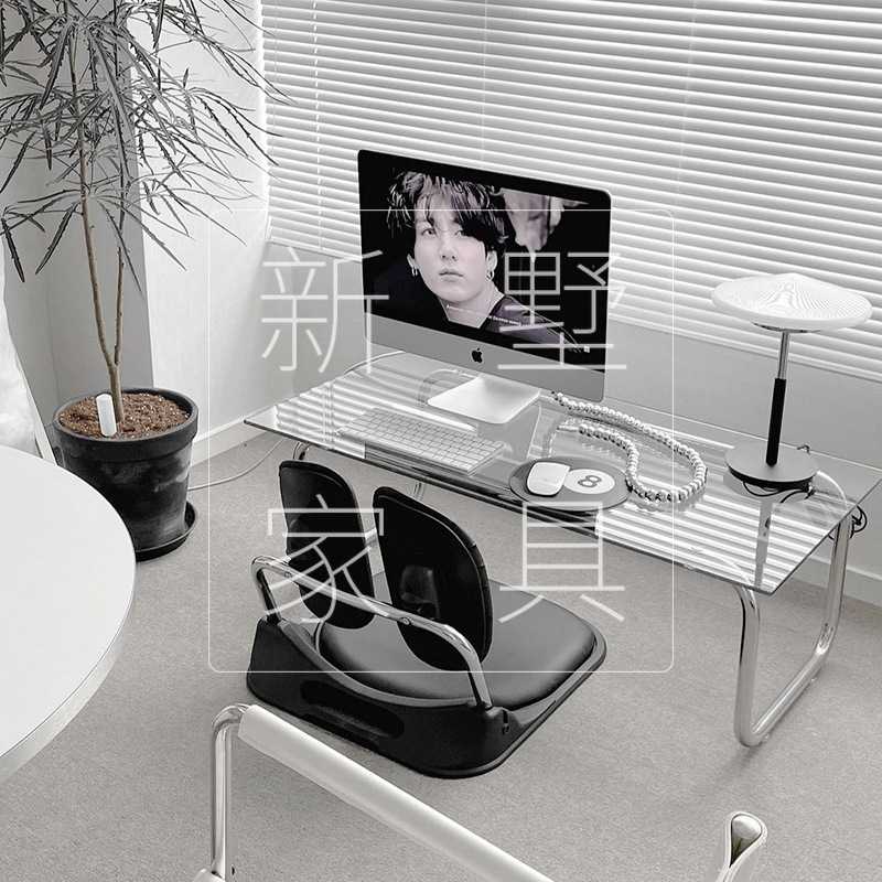 设计师飘窗桌子钢化玻璃小茶几不锈钢长茶桌办公桌中古矮桌子坐地