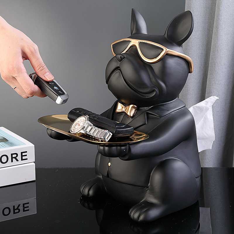 北欧斗牛犬多功能纸巾盒客厅家用茶几抽纸盒装饰摆件收纳创意手绘