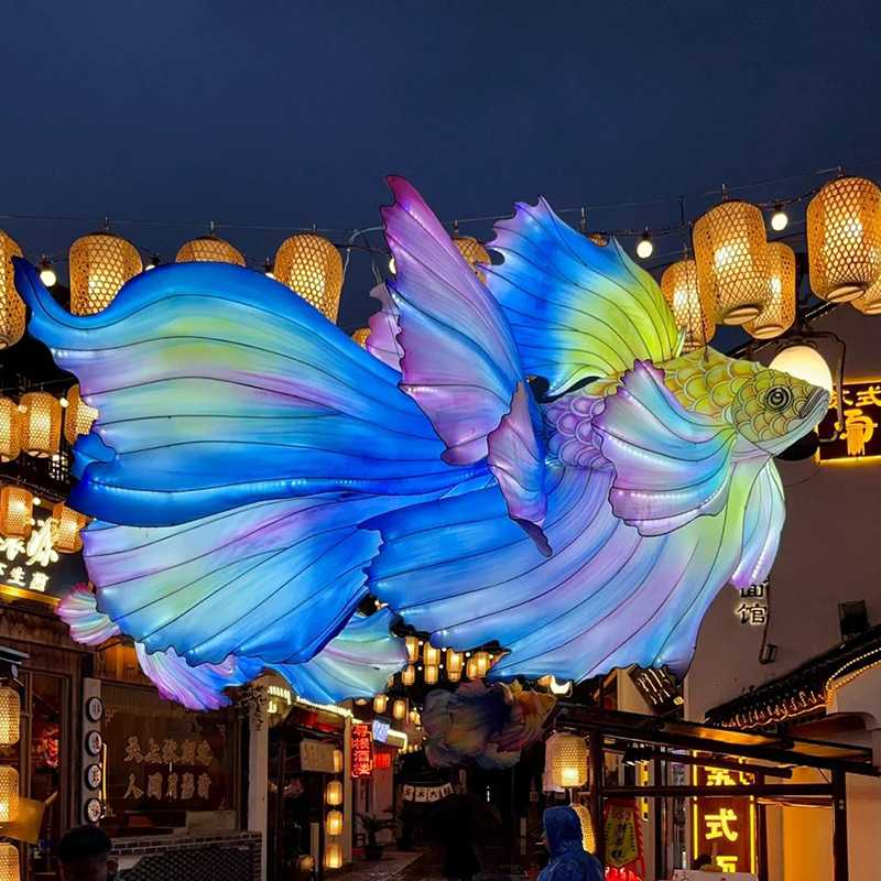 纯手工铁架鱼灯花灯宫灯复古风锦鲤鱼手持竹杆发光灯笼成品中秋节