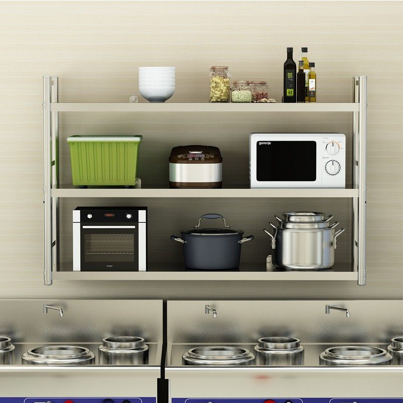 厨房壁挂置物架带围栏不锈钢挂墙两三层J架子饭店上墙收纳吊架定